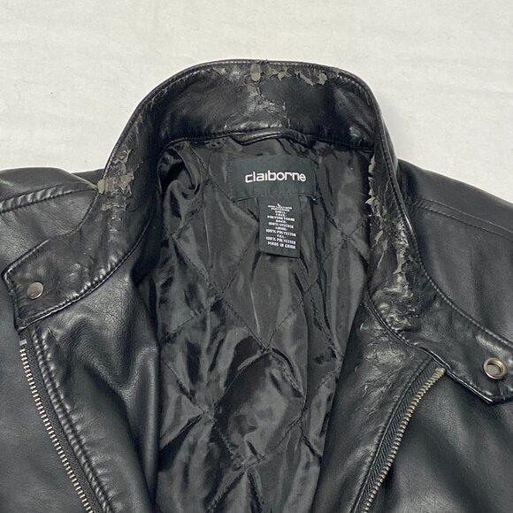 Faux Vegan Leather Zip Front Long Style Motorcycle Jacket Black Claiborne - Picture 15 of 16